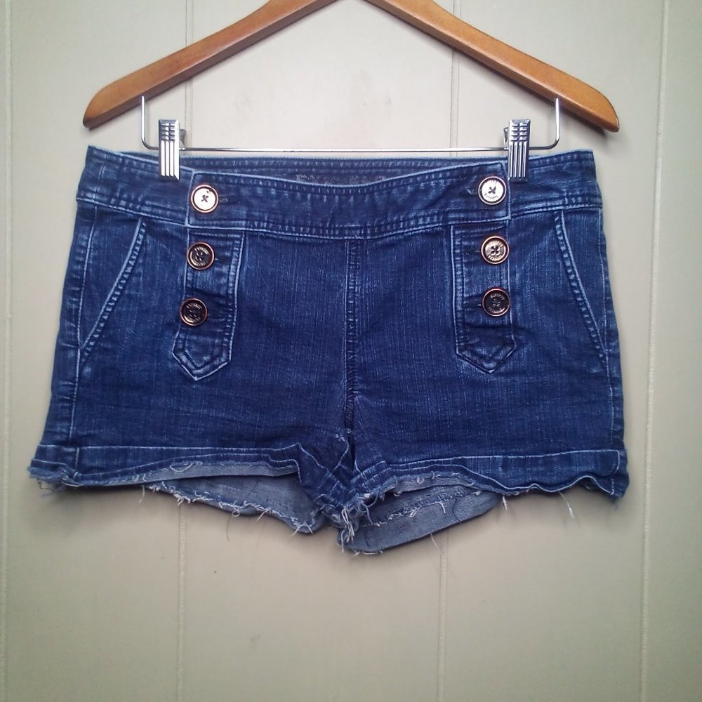 Express Dark Blue Denim Short Shorts with Gold Buttons